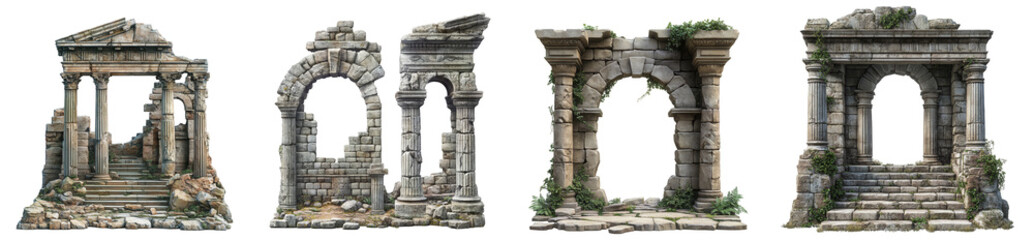 Fototapeta premium Ancient stone archway ruins with overgrown vegetation historical architecture transparent background