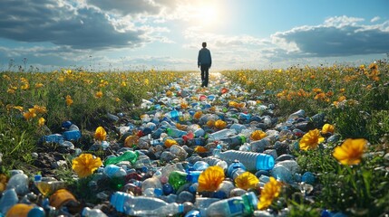 Fototapeta premium Man walking through a field covered in plastic waste and wildflowers, emphasizing environmental pollution and conservation issues