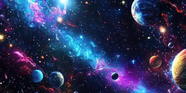 2D illustration in a vibrant 3D cartoon rendering featuring a deep interstellar space background with bright flashing stars planets moons and comets showcasing various creative science fiction bac