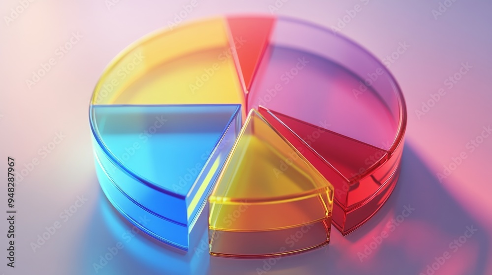 Fototapete A 3D pie chart with semi-transparent segments, illustrating data distribution and proportions, with light reflections enhancing the depth and clarity.