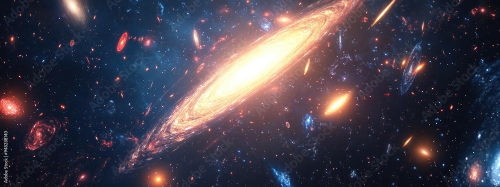 Poster 3D cartoon depiction of galaxies and nebulae in a dark space setting with an open cluster