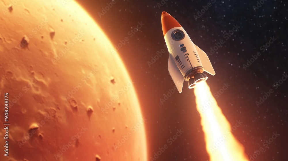 Leinwandbilder rocket flies from earth to mars in a 3d cartoon rendering with an astronaut waving in space