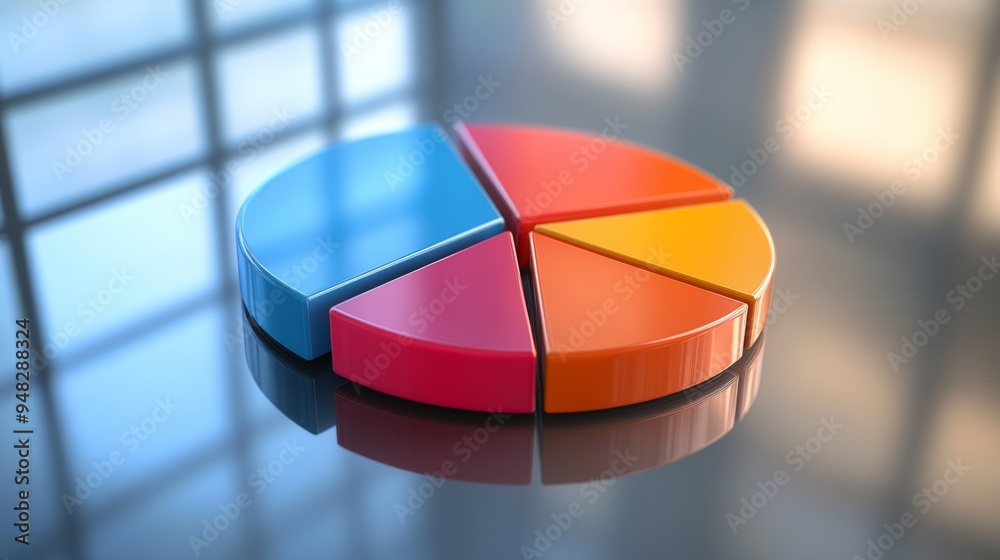 Poster A 3D pie chart with shadow effects and depth, placed on a reflective surface to enhance the visual appeal and data representation.