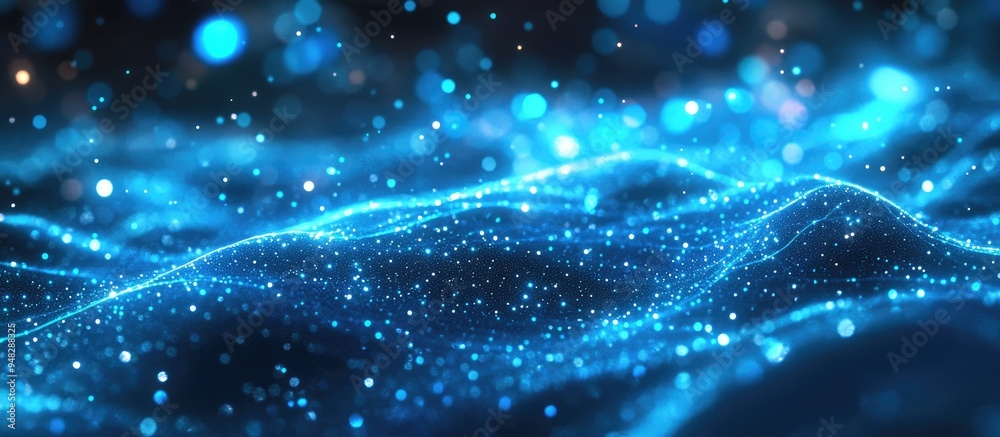 Aufkleber Abstract blue background featuring glowing particles that create lines and surfaces resembling a futuristic landscape in cyberspace or as a hologram This 3D cartoon rendering presents a sci fi the
