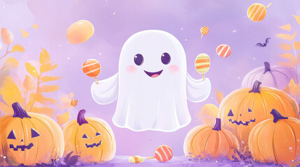 Fototapeta premium Adorable illustrator-style Halloween card with a smiling ghost and candy, surrounded by pumpkins, on a soft pastel lavender background.