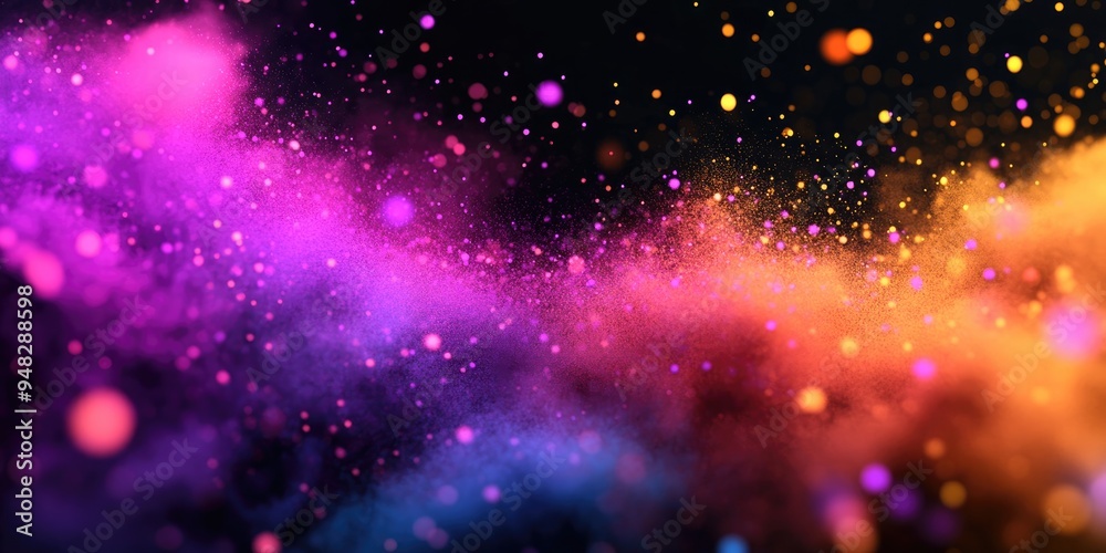 Leinwandbilder Freeze motion of multicolored particles in 3D cartoon rendering on a black background Abstract explosion of colored granules Texture of color dust overlay