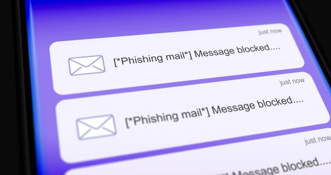 Incoming phishing emails on smartphone screen, list of scam mail marked as blocked, seamless loop footage close-up