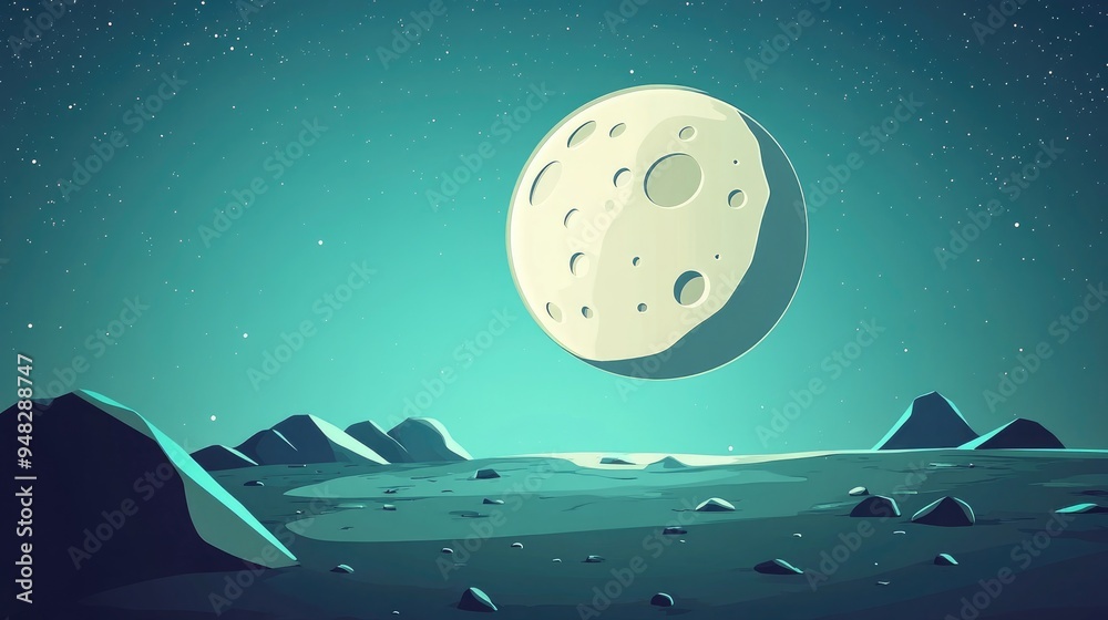 Poster flat moon illustration with longshadow in 3d cartoon rendering