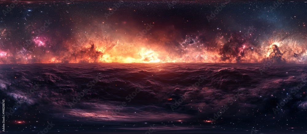 Aufkleber 360 degree space background with nebula and stars featuring a 3D cartoon rendering equirectangular projection and environment map in HDRI spherical panorama 3D illustration