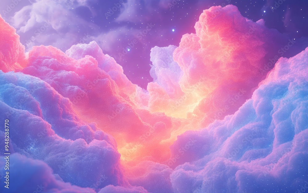 Poster Abstract fractal art background featuring a 3D cartoon rendering that evokes heavenly clouds or a nebula with stars in space