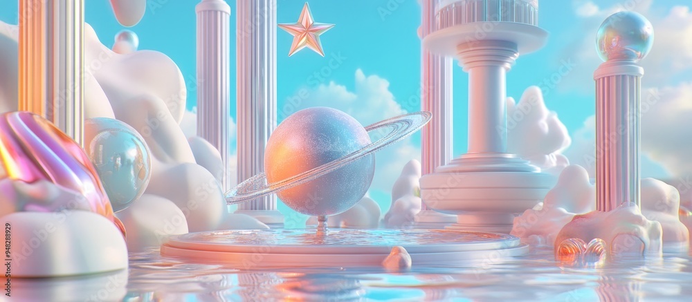 Aufkleber Beautiful abstract illustrations of a satellite and star symbol icon on a fountain and column background in a 3D cartoon rendering 3D rendering illustration Background pattern for design Space exp