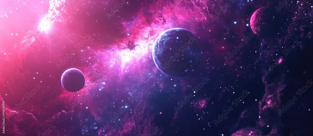 Poster cosmic art background featuring a 3d cartoon rendering of planets and galaxies showcasing the beauty