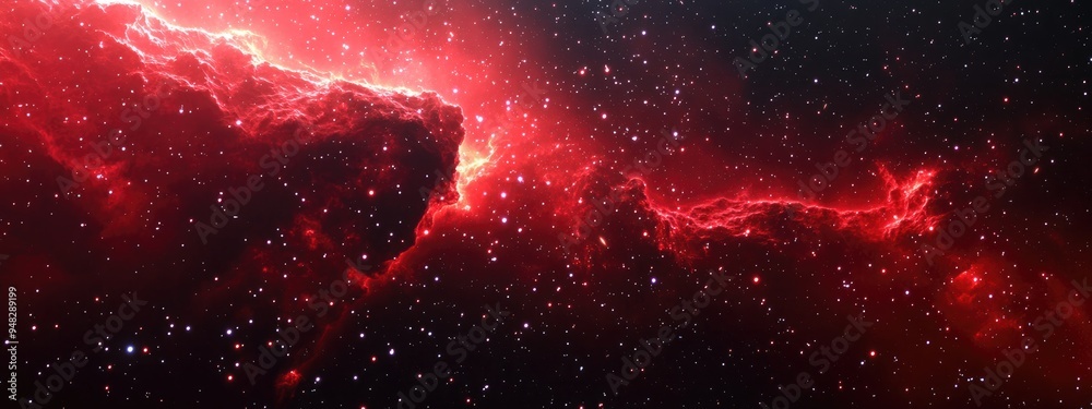 Poster Space scene in a 3D cartoon rendering featuring a panorama of a red universe filled with stars a nebula and a galaxy
