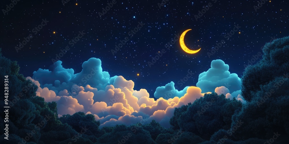 Poster 3d cartoon rendering of the moon in a night sky