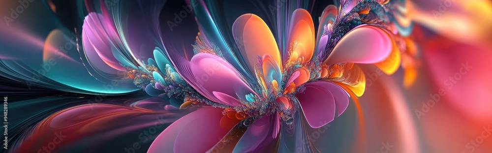 Poster Beautiful abstract background in 3D cartoon rendering featuring colorful floral fractals and modern graphic art This digital fantasy effect creates a trendy desktop wallpaper with a futuristic fra
