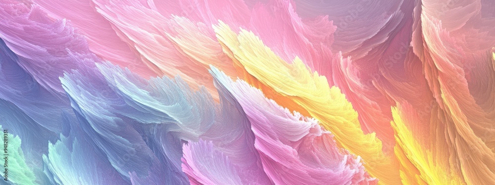 Poster 3D cartoon depiction of a white abstract background featuring a pastel rainbow texture in pink yellow orange violet and magenta designed with fractal patterns