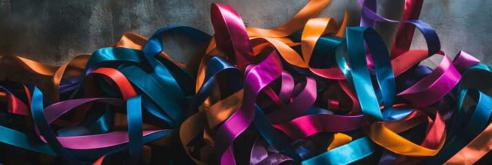 Confusion depicted through a tangled knot of colorful ribbons