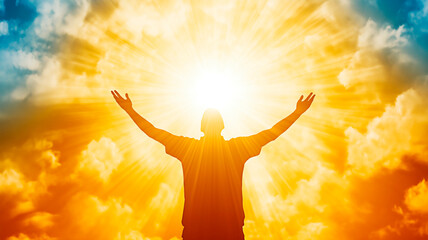 Concept of sacred moment of man in communion with God and faith with man's silhouette under divine light coming from heavenly sky.