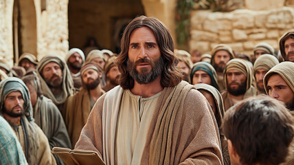 Scene inspirated of biblical life of Jesus Christ teaching disciples during sermon in the village. Sacred scene of jesus speaking to devoted disciples.