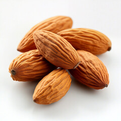 Close-up on a small pile of shelled almonds resting on white