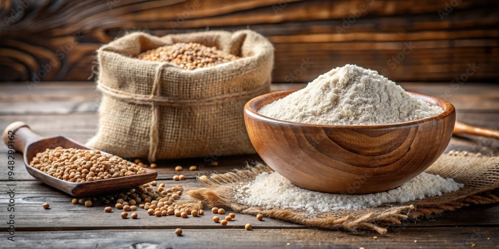 Poster buckwheat flour in a bowl and a bag on a rustic table