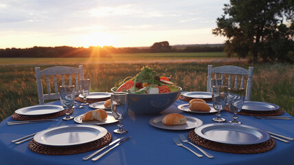 Fototapeta premium dinner Rustic Prosperity Spread. Soft blur sunset. Sunrise. Prosperous farm concept. rustic wood table.