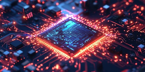 Fototapeta premium Quantum glowing chip printed board electronic microscheme background