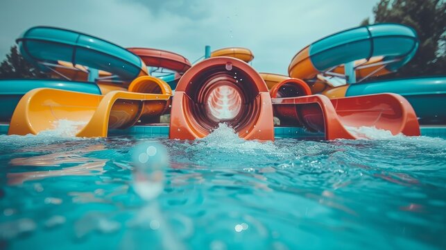 Exciting water park filled with twisting slides, colorful attractions, and a central splash pool