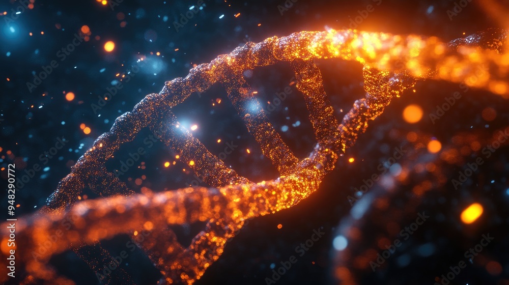 Poster Rotation of digital DNA on an abstract backdrop featuring dynamic floating particles