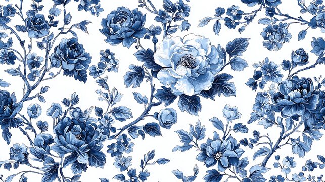 A seamless blue floral pattern painted in watercolor, soft and elegant.