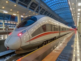 Modern high-speed train waiting at a well-lit station during twilight, showcasing sleek design and technological advancements in rail transport