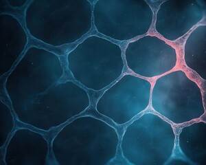An abstract, close-up view of plant cells under a microscope, glowing with bioluminescent colors, surrounded by a digital grid, in a psychedelic, surreal style