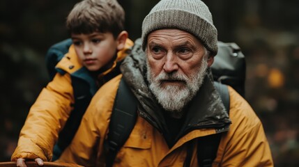 Fototapeta premium A focused elderly man with gray beard and knit hat wearing a yellow jacket, carrying a boy in an orange jacket, hiking through a forest, capturing a moment of endurance and bonding.