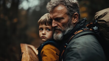 An elderly man with a gray beard and knit hat bonding with a young boy, both in outdoor gear, the man carrying a wooden item while trekking through a forest with a tender expression.
