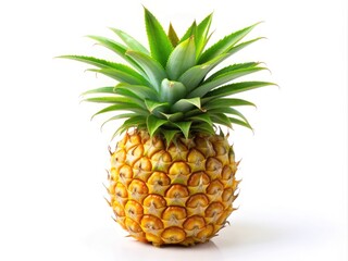 Obraz premium Fresh green leaves surround the vibrant yellow skin of a solitary pineapple, ripe and juicy, set against a clean white background.