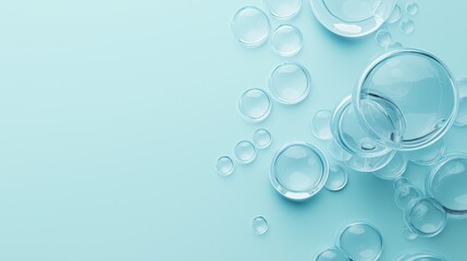 Minimalistic light blue background with floating transparent bubbles for a clean, airy design