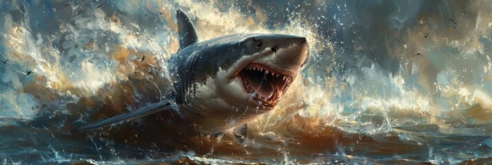 Fototapeta premium Intense depiction of a great white shark mid-attack, jaws wide open in a turbulent ocean scene.