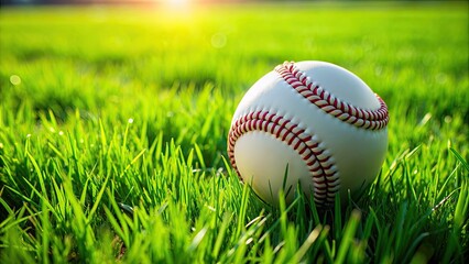 A lone baseball rests on the lush green grass of a pristine diamond, awaiting the next play in a competitive game of strategy and skill.