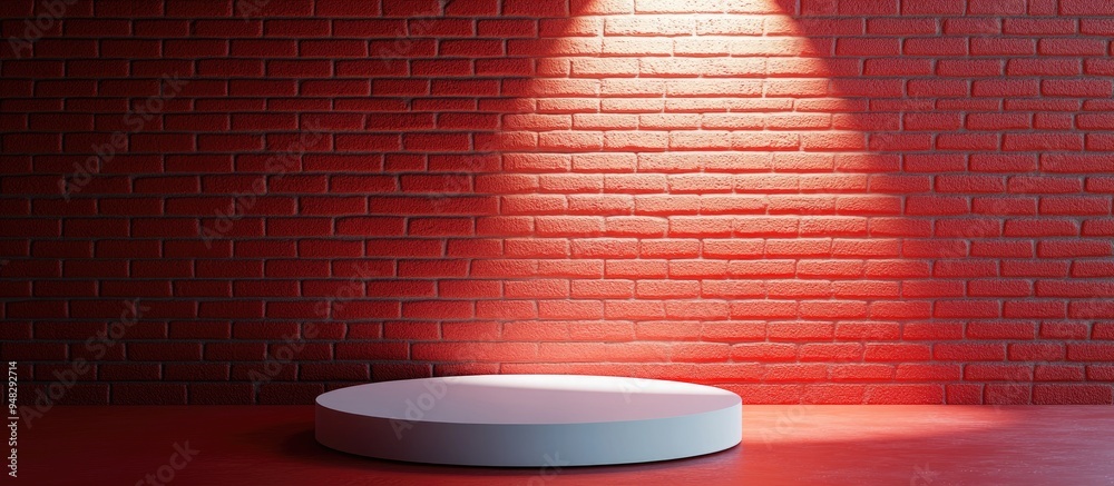 Poster white podium illuminated by spotlight against a textured red brick wall background 3d rendering