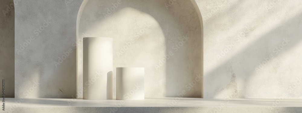 Leinwandbilder White cylindrical product display in a neutral toned space minimalistic studio environment 3D rendering