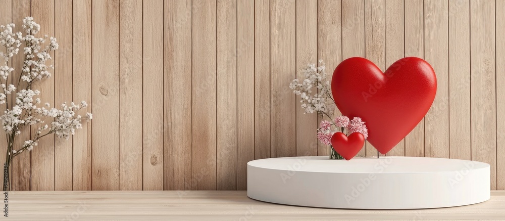 Poster white podium with valentine s day love theme featuring red heart against a wooden wall background fo