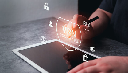 VPN Virtual Private Network protocol concept, Woman use digital tablet with vpn icon on hologram interface. VPN concept.