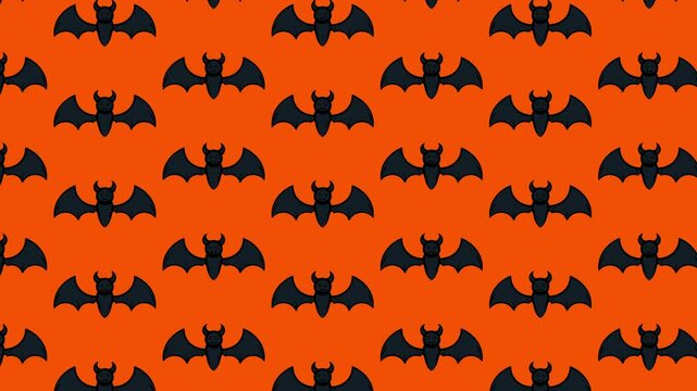 Repeating pattern with black bats on an orange background. Perfect for Halloween themed designs, packaging, stationery, and party decorations.