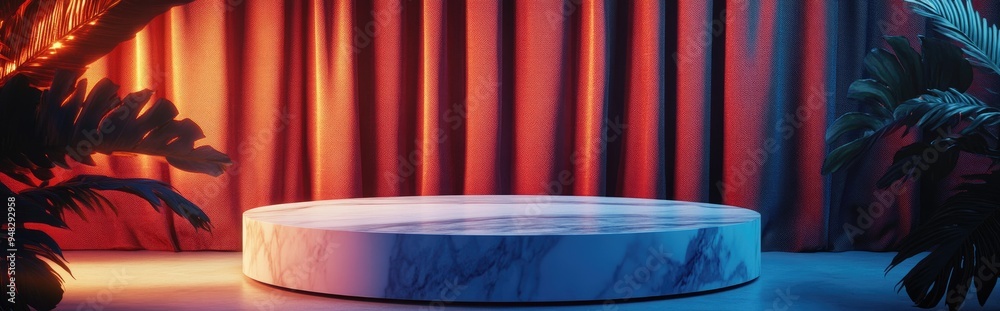 Poster marble display podium with shadows and natural leaves against a brown curtain backdrop 3d rendering