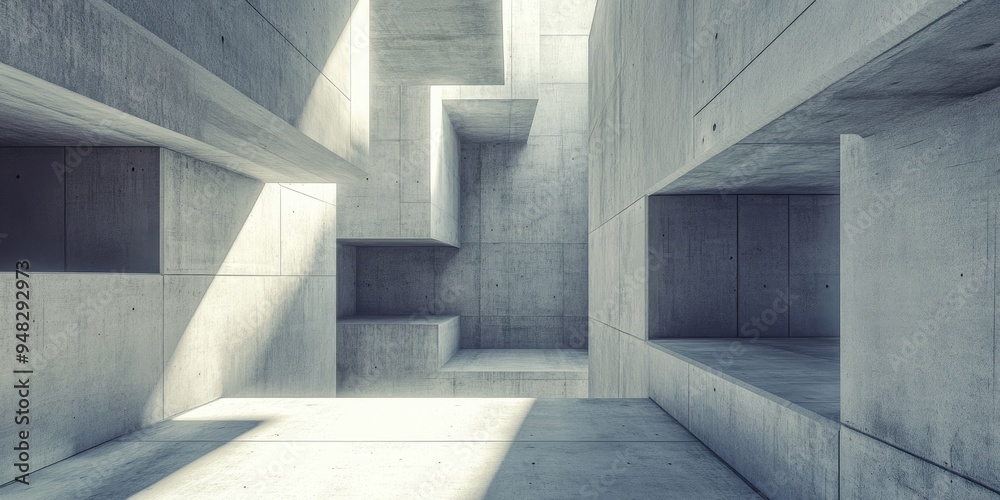 Poster Abstract architectural space featuring a concrete cube Geometric design 3D render