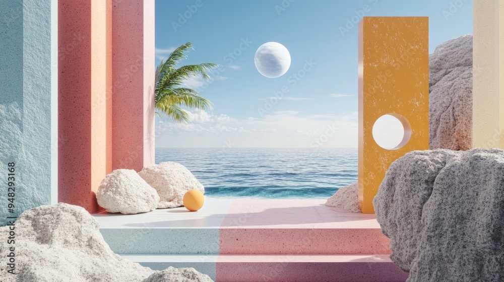 Poster abstract summer landscape featuring geometric shapes and an ocean beach view rendered in 3d