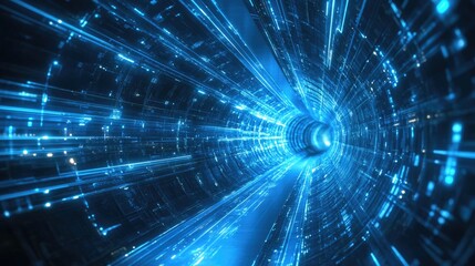 Futuristic abstract background featuring blue energy high speed light and digital tunnel effects with glowing rays and energy lines