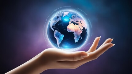 Global Hologram of Earth in Hand – Business and Environmental Protection Concept on Dark Background