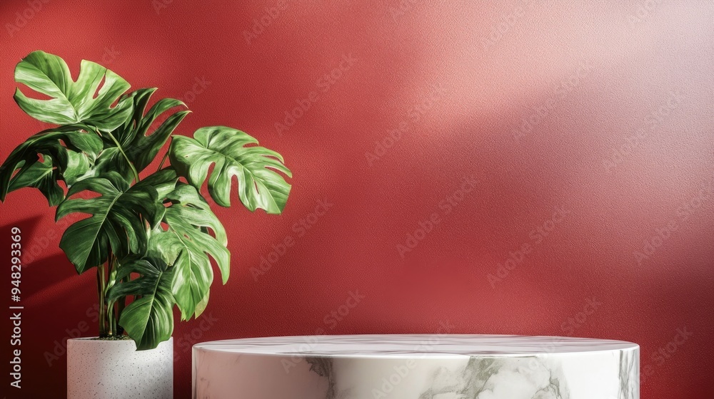 Poster white marble podium against a square red wall with a green monstera plant 3d rendering of an empty s