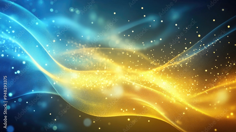 Poster luminous digital waves in yellow and blue gradients with gentle light and bokeh effects a background